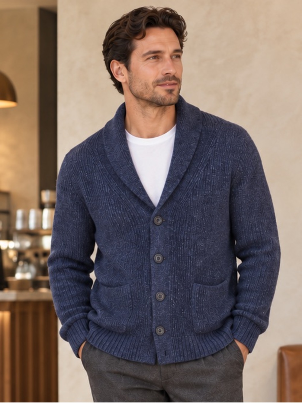 Hörst Men’s Navy Wool Shawl Collar Cardigan Made in Italy L
